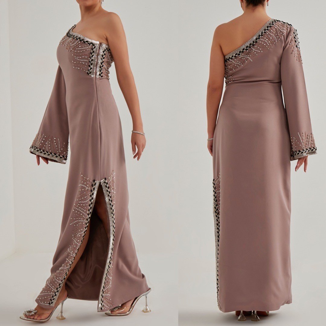 XINIZY ONE SHOULDER BEIGE DRESS